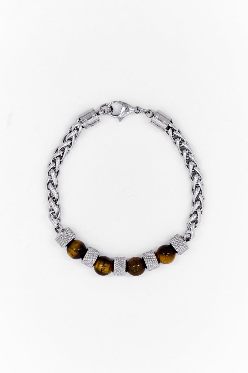 Steeltime Men Stainless Steel Wheat Chain And Tiger Eye Beads Bracelet, Silver - Image 3